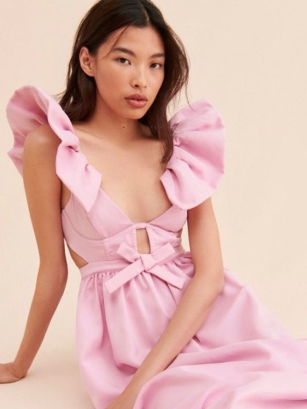 For Love & Lemons Pink Miriam Ruffled Maxi Dress